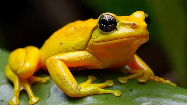 A vibrant yellow frog sits calmly on a green leaf in a lush tropical rainforest, showcasing its striking color against the green background while basking in sunlight.