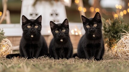 Three black cats are seated in front of an old coffee shop at night. The warm lights create a cozy atmosphere while the cats appear curious and attentive