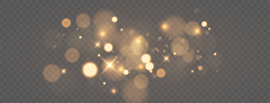Christmas dust glowing bokeh confetti light and glitter texture overlay for your design. Festive sparkling gold dust png. Holiday powder dust for cards, invitations, banners.