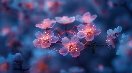 Glowing pink cherry blossoms with a pink, glowing, swirling digital circle in the center.