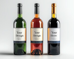 Three Wine Bottles with Customizable Labels A Minimalist Perspective for Branding Design Bottle Mockup