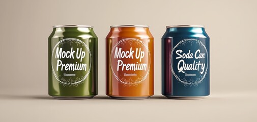 Three Colorful Soda Cans Mockup Front View Premium Quality Labels Minimalist Design Bottle Mockup