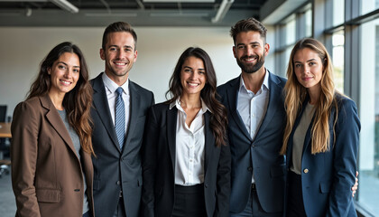 Fototapeta premium A group of 5 young professional adults, 3 women and 2 men, standing together in business attire in an office setting