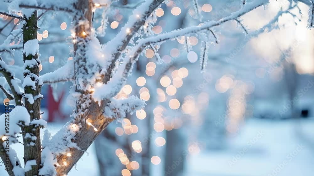 Poster snow covered branches with string lights creating a beautiful bokeh effect in a winter wonderland se