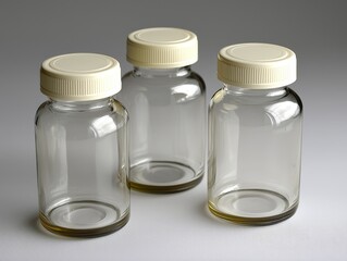 Three Empty Glass Jars with White Lids on a Textured White Surface A Minimalist Composition Emphasizing Empty Space and Potential Bottle Mockup