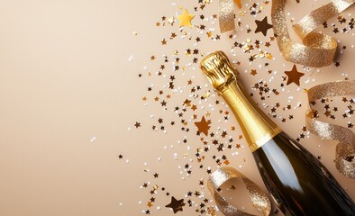 Fototapeta premium New Year concept with champagne, stars, and ribbons, high-resolution festive background.