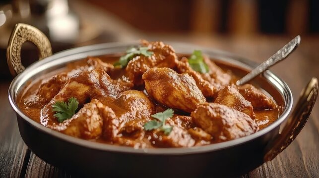 A delicious bowl of chicken korma sits on the table, featuring tender meat in a creamy, yellowish-red sauce, topped with fresh coriander leaves, inviting you to enjoy a flavorful meal