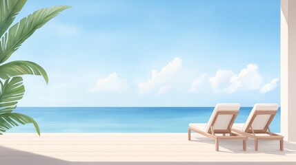 A serene beach view featuring lounge chairs, palm leaves, gentle waves, and a clear blue sky, perfect for relaxation and escape. watercolor style