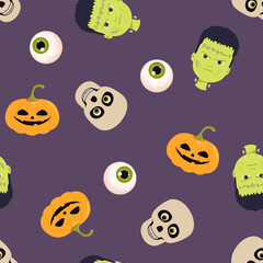 Halloween background with scary pumpkins, skulls, head of Frankenstein and Eyeballs. Seamless pattern. Vector cartoon flat illustration