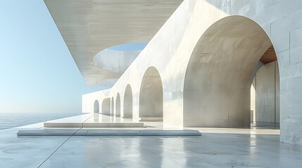 Obraz premium Minimalist white architecture with arches overlooking the sea.