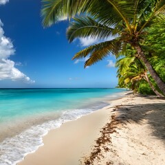Obraz premium Turquoise sea and palm-lined beach in Jamaica, capturing the essence of a tropical paradise for travel and destination marketing