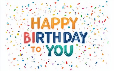 "HAPPY BIRTHDAY TO YOU" on a white background, with confetti around the letters The text is colorful Generative AI