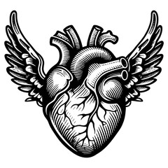 Heart with Wings tattoo Valentines Day card theme sketch engraving generative ai PNG illustration. Scratch board imitation. Black and white image.