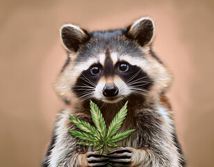Fototapeta premium A raccoon holding a cannabis plant with a curious expression, set against a beige backgroun_1(232)
