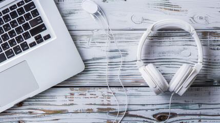 white headphones with laptop on grey wooden table