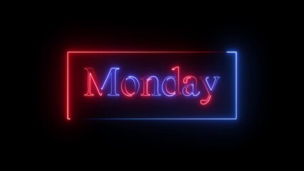 Colourful day monday  text icon animation on neon sing dark background.