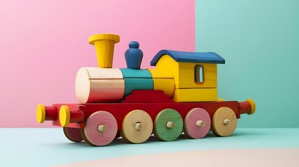 Fototapeta premium Toy train crafted from colorful wood isolated on a pink and lime color background