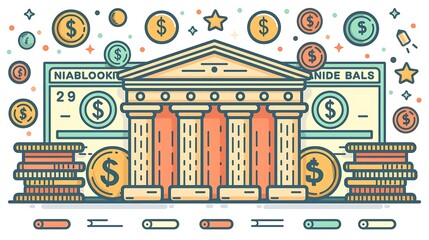 Illustration of a bank building with checks, coins and money symbols.