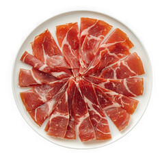 High definition commercial photo Jamon Iberico on white plate