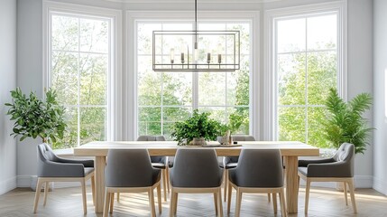 Elegant dining room with large windows, modern furniture, and greenery creating a bright and inviting atmosphere.