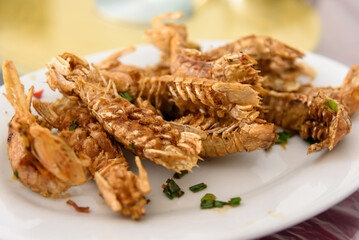 Salt and pepper Style mantis shrimp. DeepSea Food. A delicacy from Chaoshan, China.