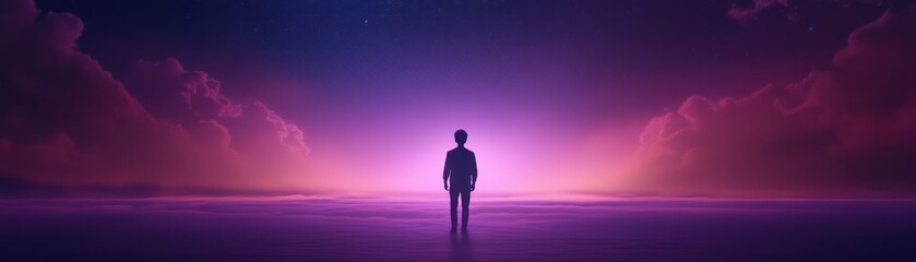 A silhouette stands against a vibrant, dreamy sunset, symbolizing solitude and introspection in a surreal landscape. watercolor style