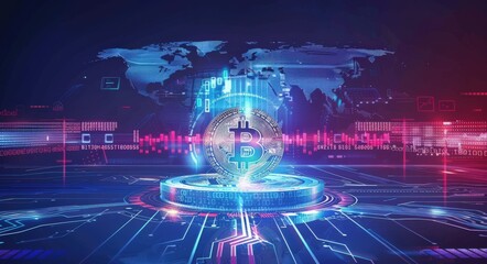 Cryptocurrency Exchange. Global Business Banner with Bitcoin Symbol on Futuristic HUD Background