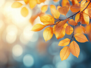 Vibrant golden leaves dangle from branches, illuminated by warm sunlight, creating a peaceful atmosphere in a tranquil forest at dusk