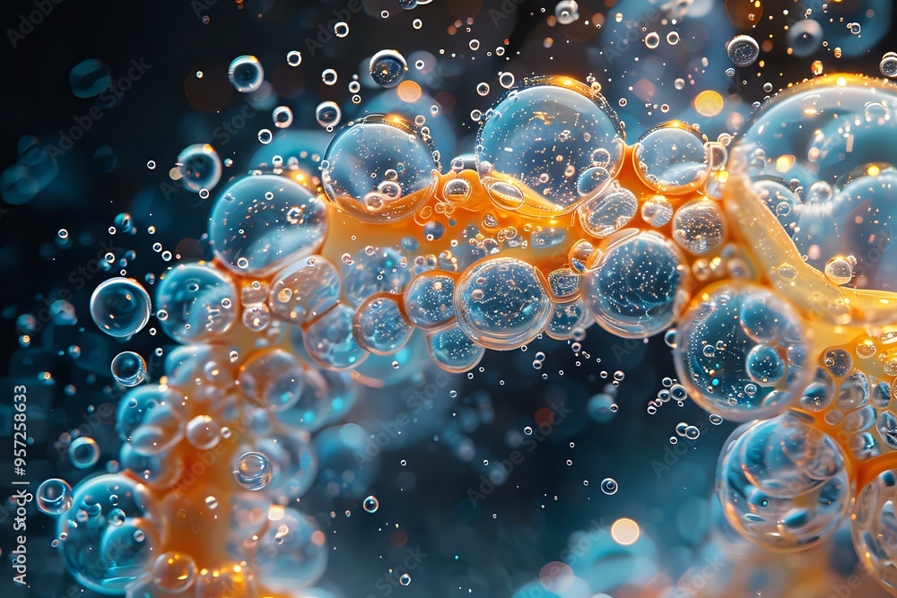 Poster abstract fluid art with orange and blue swirls intertwined with transparent bubbles and spheres crea