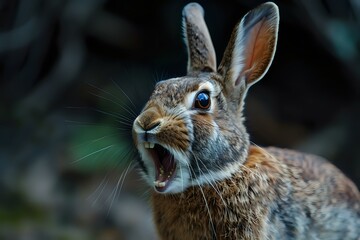 Fototapeta premium close-up of a brown rabbit with its mouth open wide, possibly mid-yawn or in an expressive moment, set against a natural, dark outdoor background. Ideal for themes related to wildlife, nature