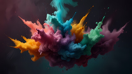 Dramatic abstract scene where multiple shades of color powder collide and mix in mid-air
