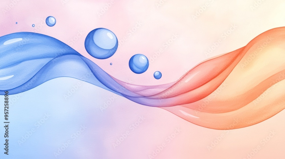 Poster abstract design featuring flowing waves in soft blue and orange hues, creating a serene and calming 