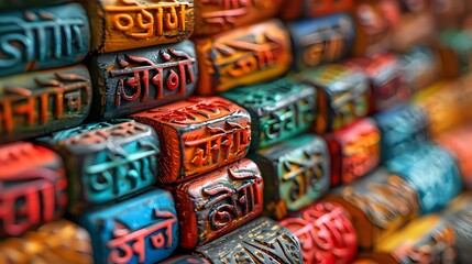Fototapeta premium A collection of intricately carved colorful beads with tribal and geometric patterns, displayed in rows. Perfect for themes related to jewelry design, crafts, cultural art, and handmade accessories.