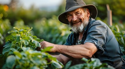 Happy senior farmer with gray beard wearing hat tending to organic vegetable garden. Sustainable agriculture and healthy lifestyle concept for farm to table movement.