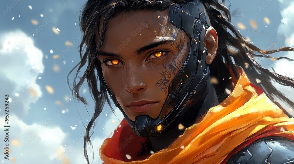 Poster dynamic game hero character concept with a striking background ideal for mobile or desktop wallpaper