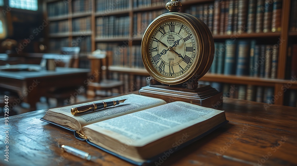 Poster an open book with a fountain pen and a vintage clock on a table in a library.
