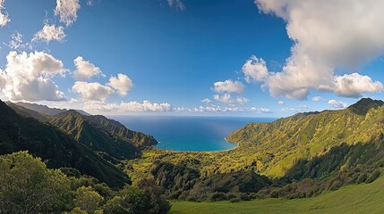 Experience the enchanting beauty of the Hawaiian coast, where emerald green cliffs meet vibrant blue waters and lush greenery flourishes under fluffy clouds, creating a serene paradise