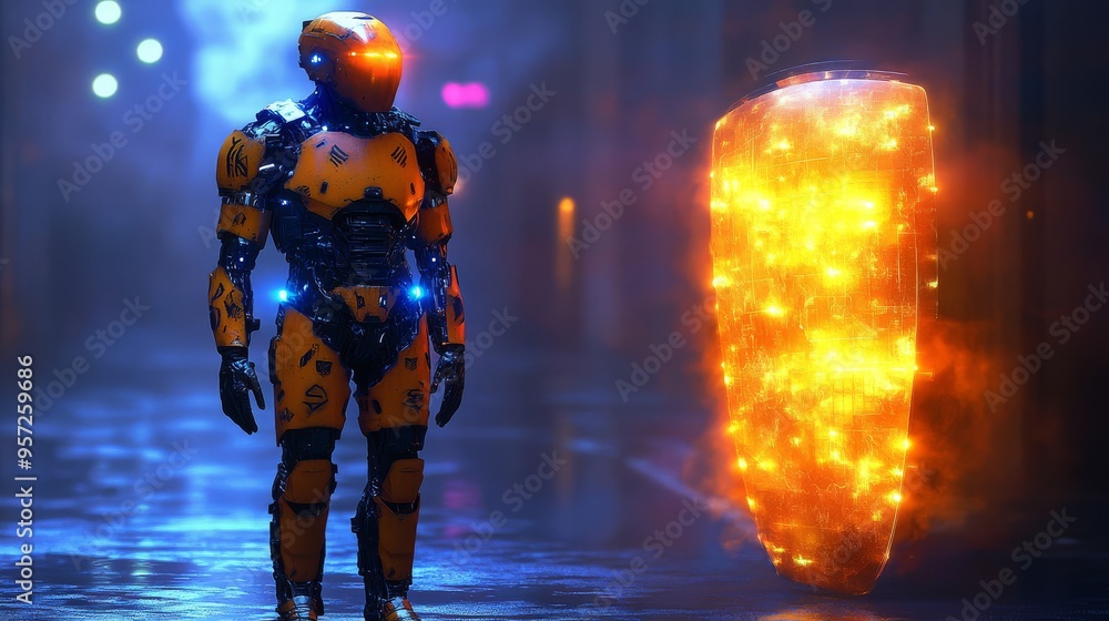 Poster futuristic robot hero stands in a neon lit alley with glowing shield during an unknown evening adven