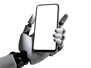 A humanoid robotic hand grasps a smartphone with a blank screen, showcasing advancements in robotic technology and interaction in modern innovation