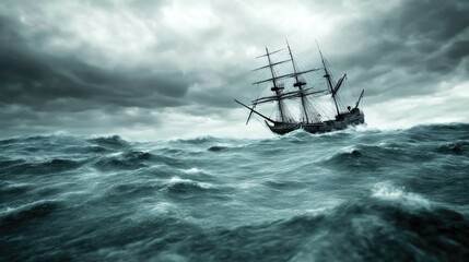 Obraz premium A majestic pirate ship bravely navigating a stormy sea, illuminated by lightning in a breathtaking hyper-realistic rendering