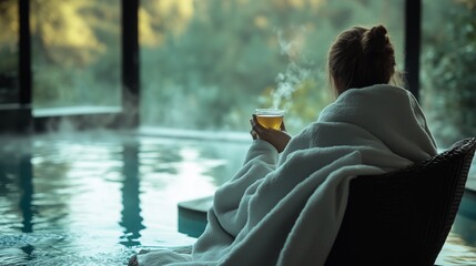 A relaxing afternoon by the pool with a warm drink in a tranquil spa environment surrounded by nature