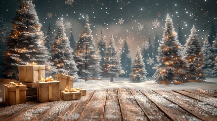 A snowy winter landscape filled with sparkling lights and festive gifts under frosty evergreen trees at nighttime