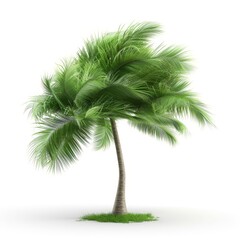 a 3D coconut tree with wind-blown leaves, dynamic pose, green fronds, isolated on white background