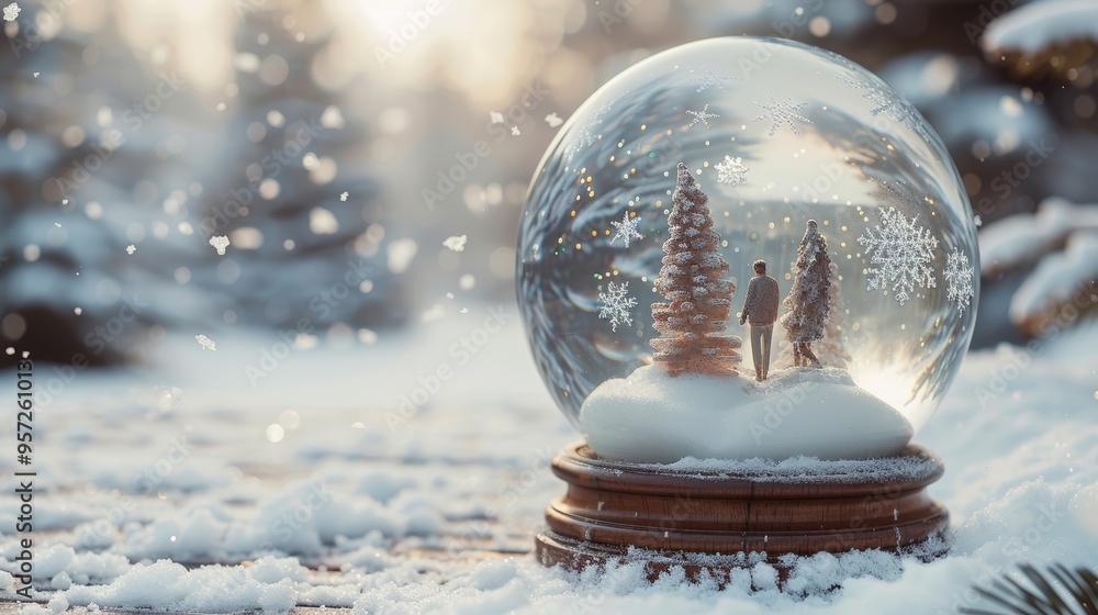 Poster snow globe capturing a serene winter landscape with figures and pine trees during a snowy day in a t