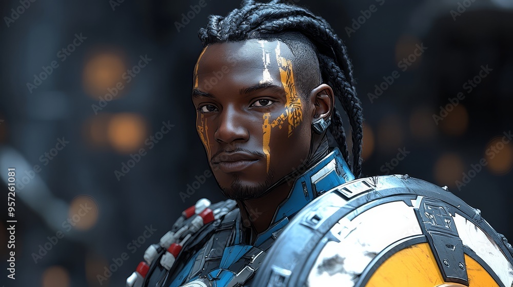 Poster epic game hero character design concept featuring intricate armor and striking background suitable f