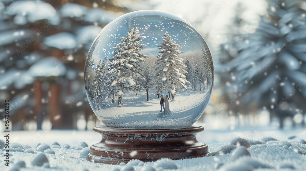 Poster a snow globe captures a serene winter landscape with trees and couples enjoying the snowy scene in a