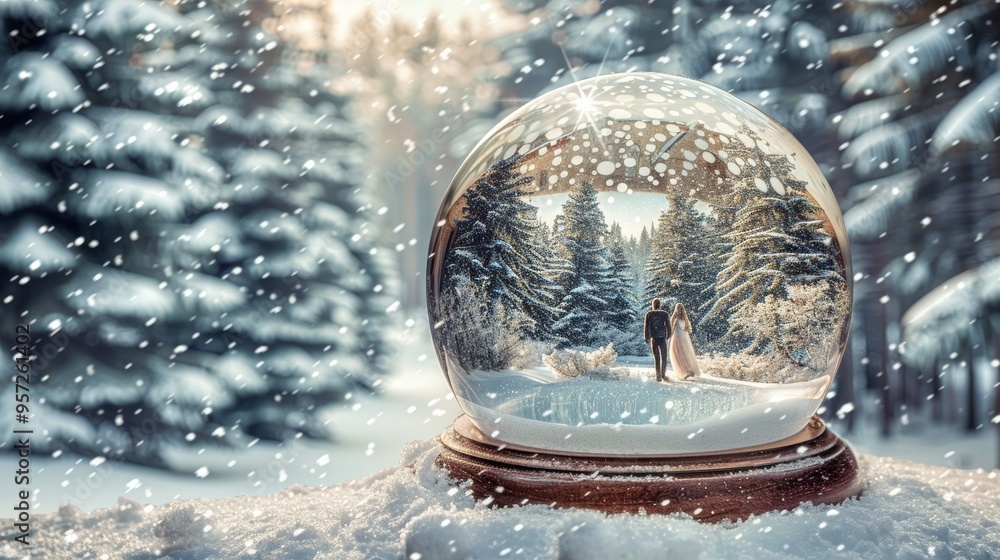 Poster a couple embraces in a snow globe set in a winter forest with softly falling snowflakes and a warm g
