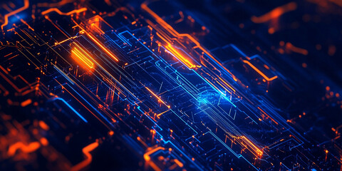 A background of an abstract digital landscape featuring orange and blue neon lines and illuminated patterns
