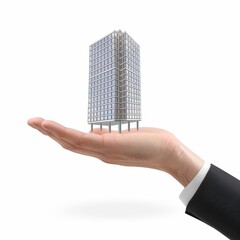 a 3D hand holding a modern high-rise, sleek and tall, glass facade and metal beams, isolated on white background