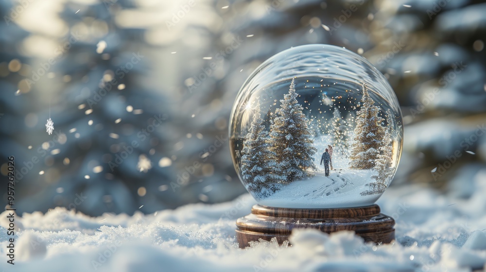 Poster a snow globe capturing a winter scene with a figure walking through snow-covered trees on a serene w